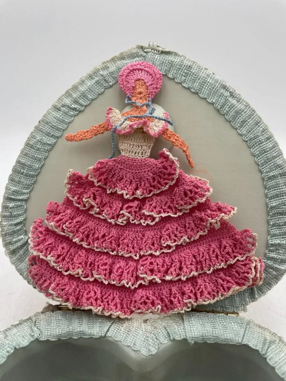 Heart-Shaped Floral Fabric Jewelry Box With Crocheted Lady Pink & Mint Green 7